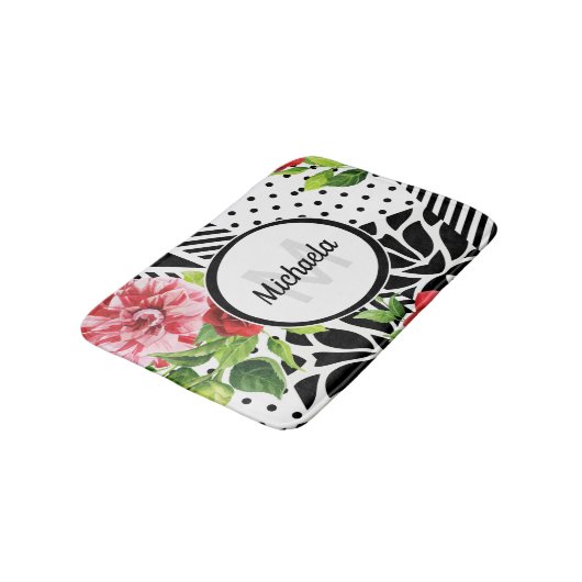 トレンディー幾何ストライプ型パターンレッドフォーラルモノグラム バスマット (アングル)