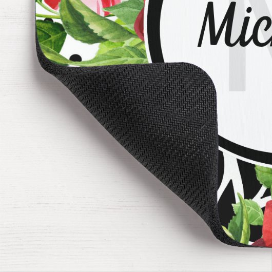 トレンディー幾何ストライプ型パターンレッドフォーラルモノグラム マウスパッド (コーナー)