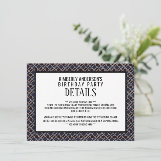 トレンディー幾何学模様、モダン誕生日詳細 招待状 (スタンド正面)