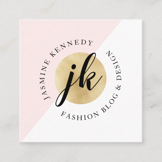 トレンディー幾何学的ピンク&金ゴールドモノグラムと写真 スクエア名刺 (正面)