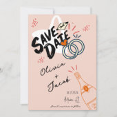 トレンディー手描きピーチ落書きおもしろい日付を保存 招待状 (正面)