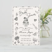 トレンディー手描き落書きおもしろいブライダルシャワー 招待状 (スタンド正面)