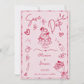 トレンディー手書き落書きおもしろい日付の保存 招待状 (正面)