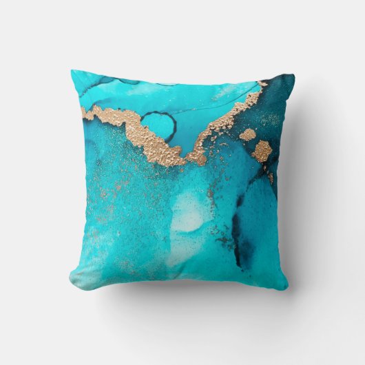 トレンディー抽象芸術ティール(緑がかった色)金ゴールド旋回 クッション (正面)