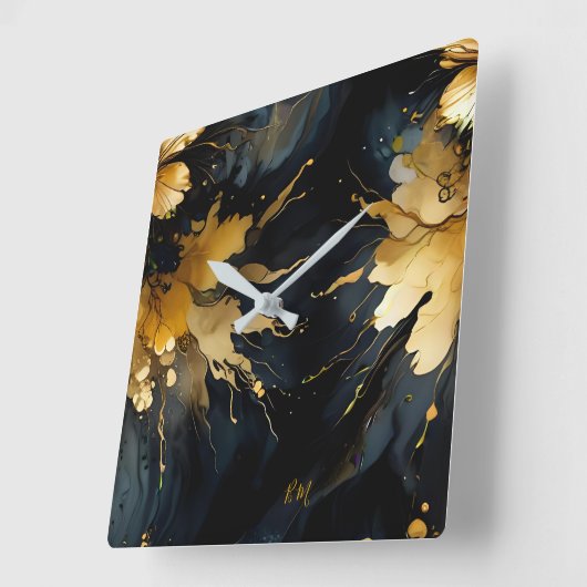 トレンディー抽象芸術黒金ゴールド大理石 スクエア壁時計 (傾斜)