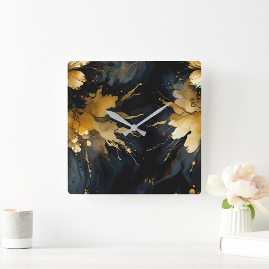 トレンディー抽象芸術黒金ゴールド大理石 スクエア壁時計 (ホーム)