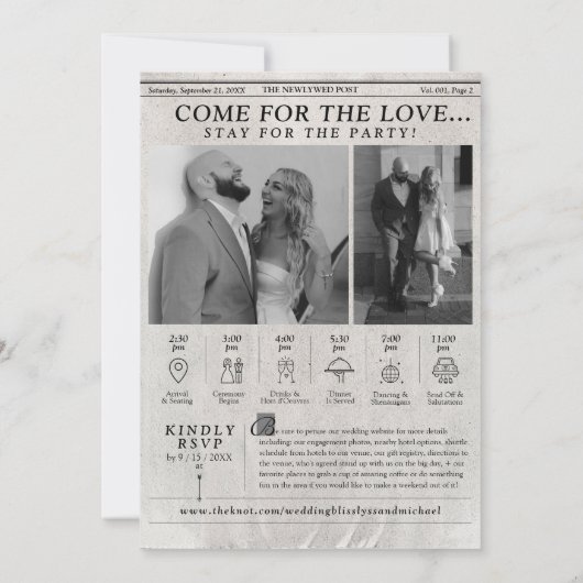 トレンディー新聞結婚式招待状写真タイムライン 招待状 (裏面)