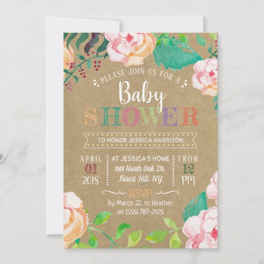 トレンディー春フローラタイポグラフィベビーシャワー 招待状 (正面)