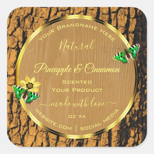トレンディー木目素朴樹皮製品ラベル スクエアシール (正面)