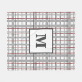 トレンディー格子縞レッドシルバーグレーモノグラム フリースブランケット (正面(横))