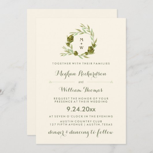 トレンディー植物性リース離れとアーティチョーク 招待状 (正面/裏面)