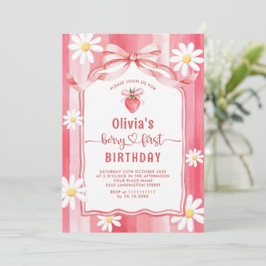 トレンディー水彩いちごベビーファースト誕生日 招待状 (スタンド正面)