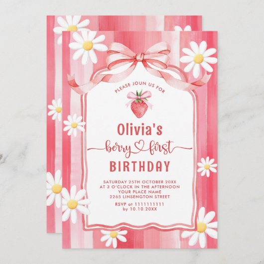 トレンディー水彩いちごベビーファースト誕生日 招待状 (正面/裏面)