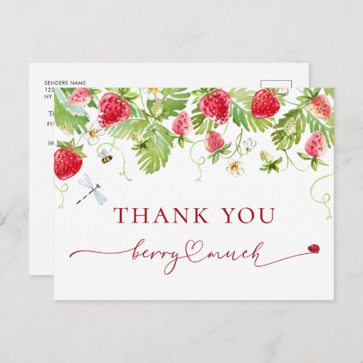 トレンディー水彩いちご赤ちゃんシャワーありがとう ポストカード (正面/裏面)