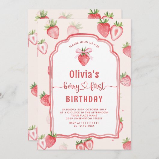 トレンディー水彩イチゴベビー第1誕生日 招待状 (正面/裏面)