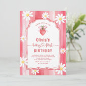 トレンディー水彩イチゴベビー第1誕生日 招待状 (スタンド正面)