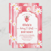 トレンディー水彩イチゴベビー第1誕生日 招待状 (正面/裏面)