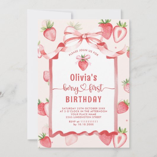 トレンディー水彩イチゴベビー第1誕生日 招待状 (正面)