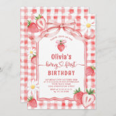 トレンディー水彩イチゴベビー第1誕生日 招待状 (正面/裏面)