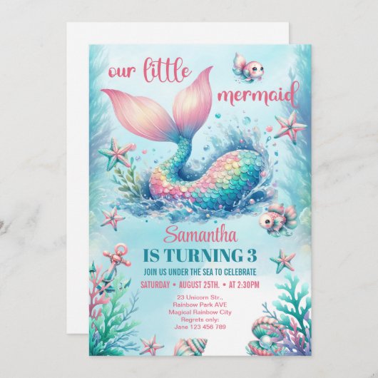 トレンディー水彩ターコイズマーメイドテール誕生日 招待状 (正面/裏面)