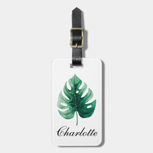 トレンディー水彩トロピカルグリーンモンステラリーフ ラゲッジタグ (正面縦)