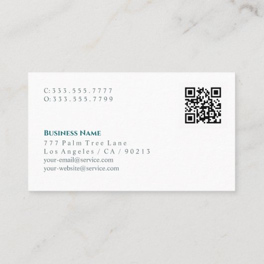 トレンディー水彩フラワー、名前、QRコード、ティール（緑がかった色） 名刺 (裏面)