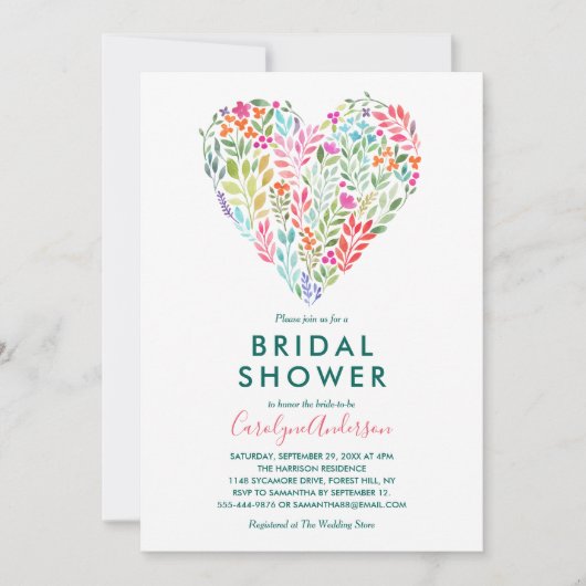 トレンディー水彩フローラハートブライダルシャワー 招待状 (正面)