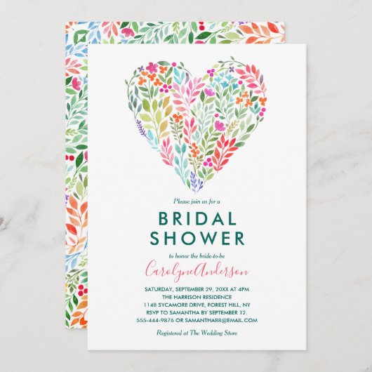 トレンディー水彩フローラハートブライダルシャワー 招待状 (正面/裏面)