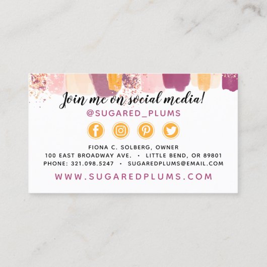 トレンディー水彩プラムパープル&金ゴールドソーシャルメディア 名刺 (裏面)