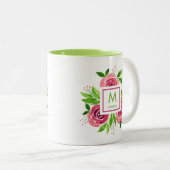 トレンディー水彩ホットピンクバラ&ライムモノグラム ツートーンマグカップ (正面右)
