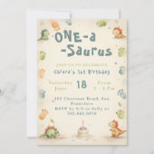トレンディー水彩ワンサウルス最初の1歳の誕生日 招待状 (正面)