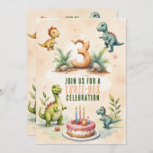 トレンディー水彩三レックス第三3D誕生日 招待状 (正面/裏面)