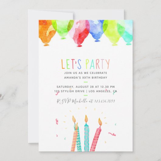 トレンディー水彩任意の年齢の誕生日パーティー招待状 招待状 (正面)