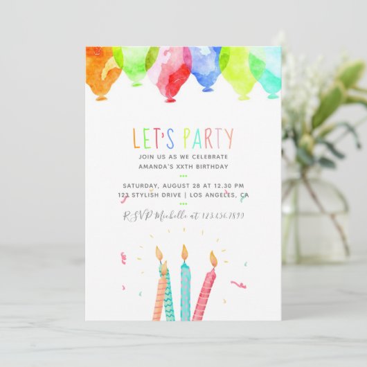 トレンディー水彩任意の年齢の誕生日パーティー招待状 招待状 (スタンド正面)