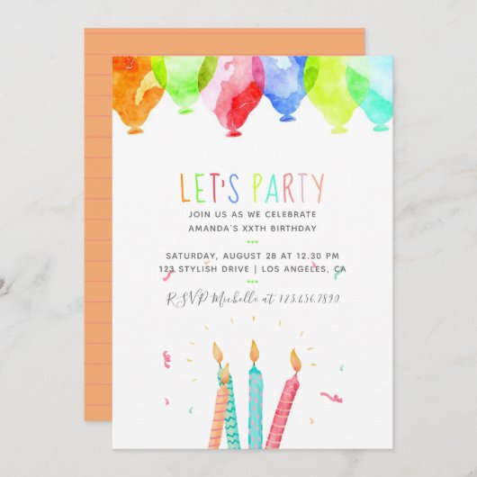 トレンディー水彩任意の年齢の誕生日パーティー招待状 招待状 (正面/裏面)