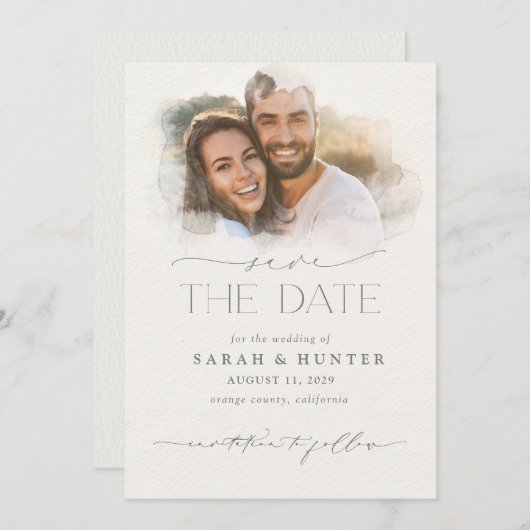 トレンディー水彩写真面書道結婚の セーブザデート (正面/裏面)