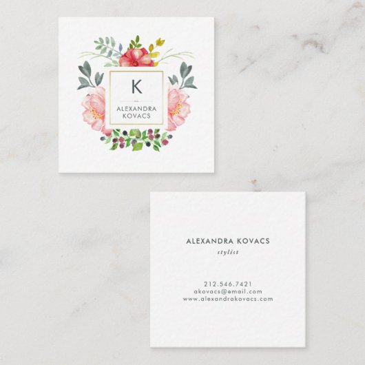 トレンディー水彩牡丹フラワーズモノグラム スクエア名刺 (正面/裏面)