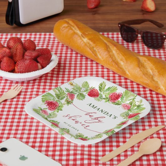 トレンディー水彩牧草地いちご赤ちゃんシャワー ペーパープレート (ピクニック)