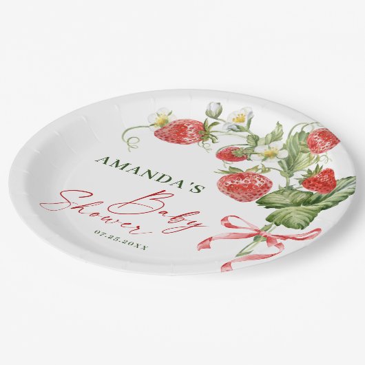 トレンディー水彩牧草地いちご赤ちゃんシャワー ペーパープレート (アングル)