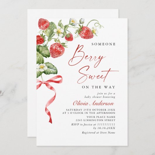 トレンディー水彩牧草地いちご赤ちゃんシャワー 招待状 (正面/裏面)