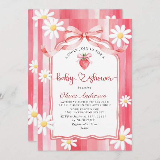 トレンディー水彩牧草地いちご赤ちゃんシャワー 招待状 (正面/裏面)