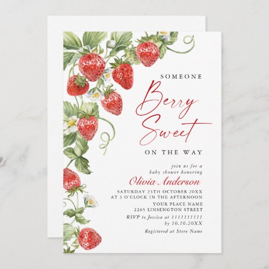 トレンディー水彩牧草地いちご赤ちゃんシャワー 招待状 (正面/裏面)