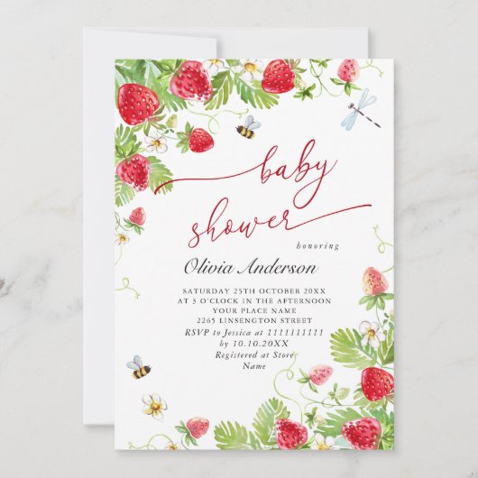トレンディー水彩牧草地いちご赤ちゃんシャワー 招待状 (正面)