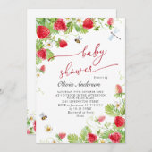 トレンディー水彩牧草地いちご赤ちゃんシャワー 招待状 (正面/裏面)