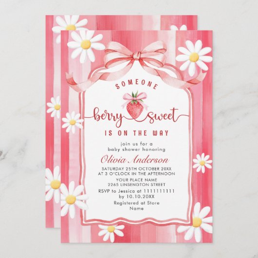 トレンディー水彩牧草地いちご赤ちゃんシャワー 招待状 (正面/裏面)