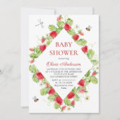 トレンディー水彩牧草地いちご赤ちゃんシャワー 招待状 (正面)