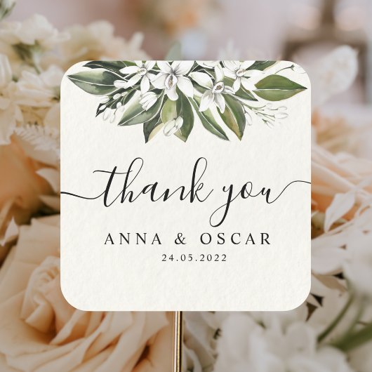 トレンディー水彩白花葉類 スクエアシール