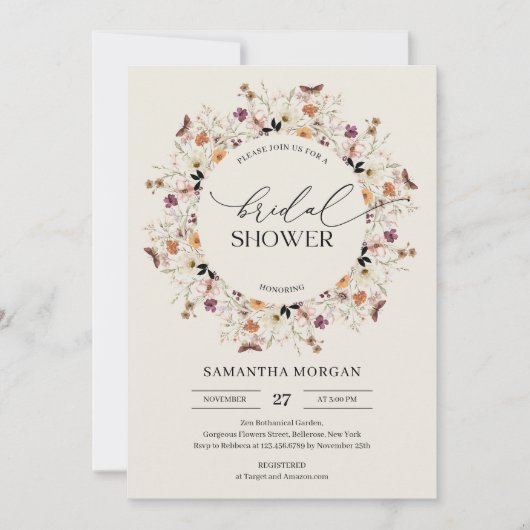 トレンディー水彩秋ワイルドフラワーブライダルシャワー 招待状 (正面)