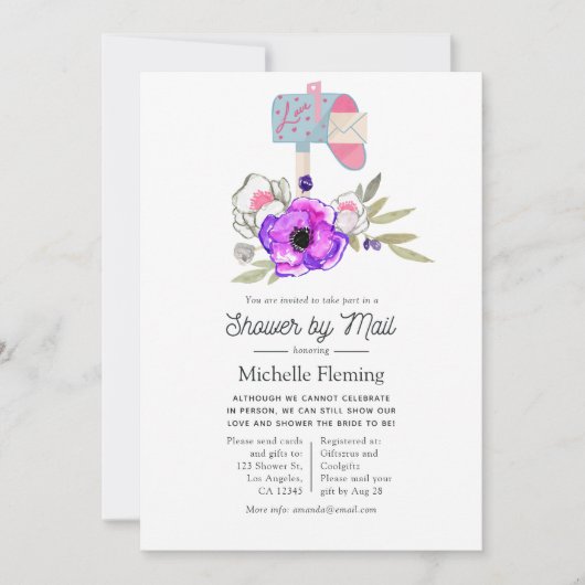 トレンディー水彩色フローラブライダルシャワーバイメール 招待状 (正面)
