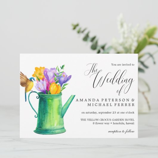 トレンディー水彩花の散水缶結婚の 招待状 (スタンド正面)